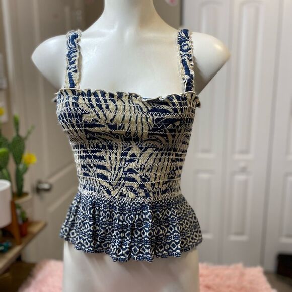 Patrons of Peace Smocked Peplum Tank Top | Blue Beige Boho Print – Size XS NWT - Picture 2 of 4